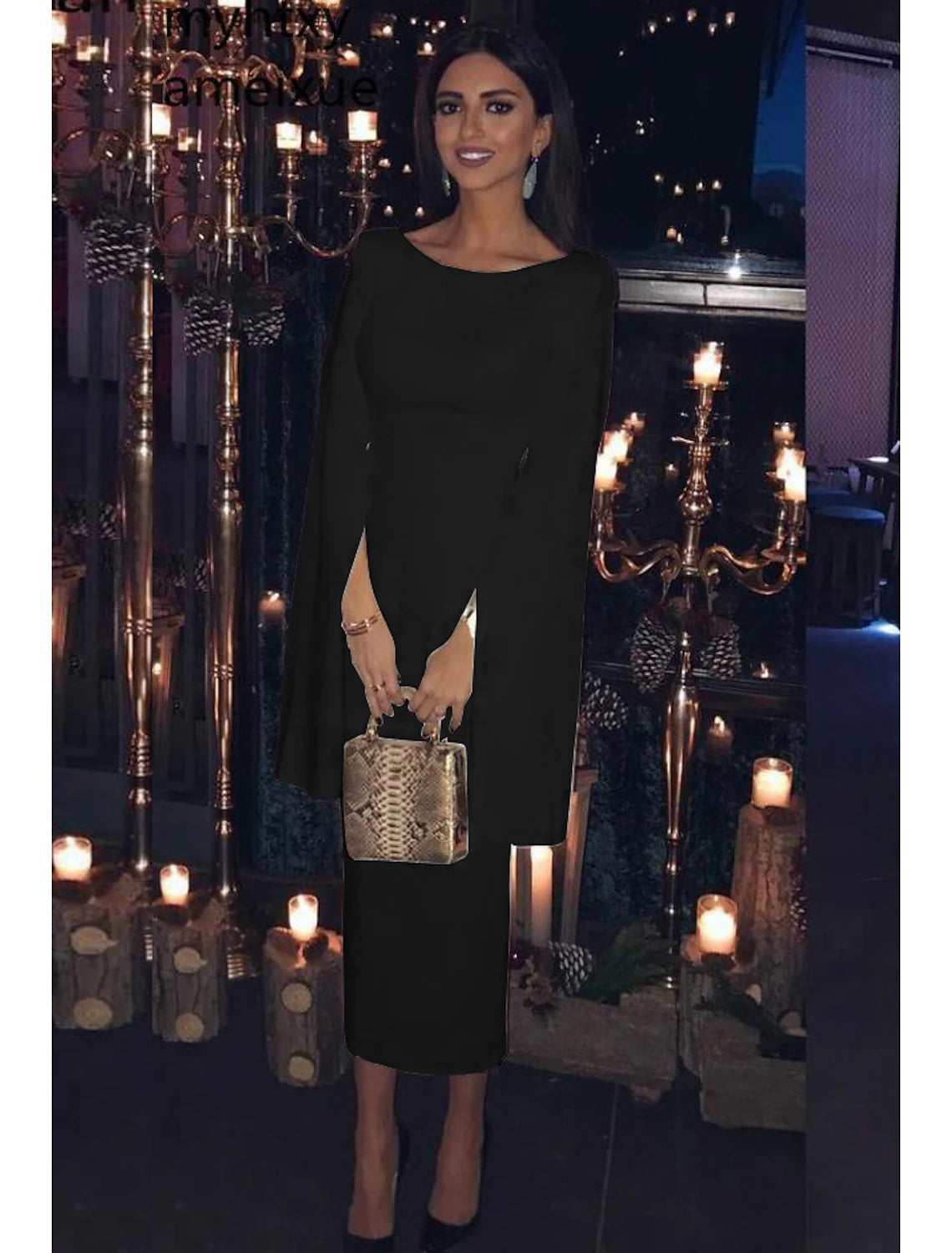 Sheath / Column Wedding Guest Dresses Elegant Dress Party Wear Tea Length Long Sleeve Jewel Neck Satin Backless