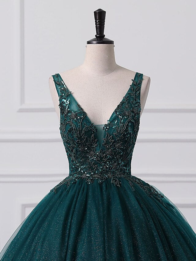 Ball Gown Prom Dresses Sparkle & Shine Dress Quinceanera Floor Length Sleeveless V Neck Tulle with Sequin