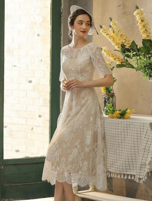 Reception Fall Wedding Dresses Little White Dresses in Color A-Line Illusion Neck Half Sleeve Tea Length Lace Bridal Gowns With Sash / Ribbon Appliques