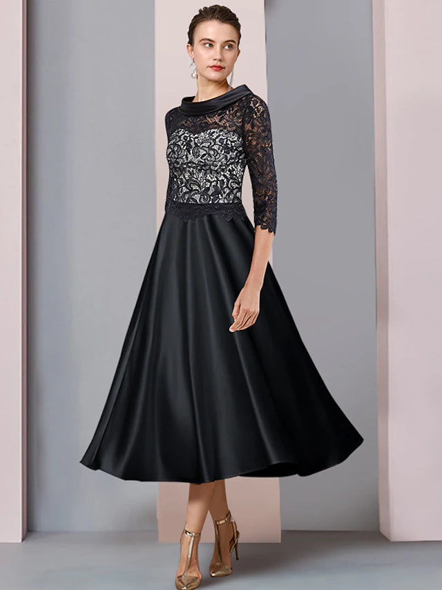 A-Line Mother of the Bride Dress Formal Wedding Guest Party Elegant Bateau Neck Tea Length Satin Lace Half Sleeve with Pleats