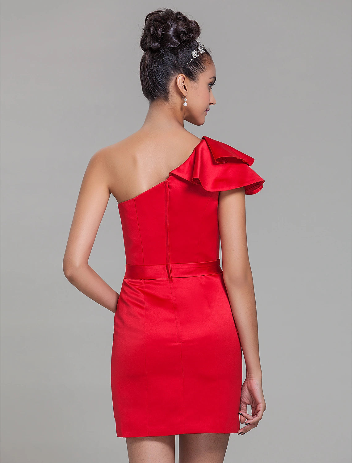 Sheath / Column One Shoulder Short / Mini Satin Bridesmaid Dress with Sash / Ribbon