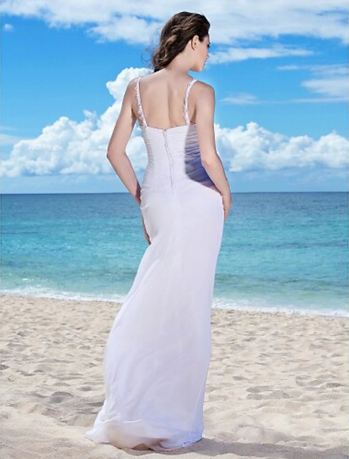 Beach Wedding Dresses Sheath / Column Spaghetti Strap Sleeveless Floor Length Chiffon Bridal Gowns With Ruched