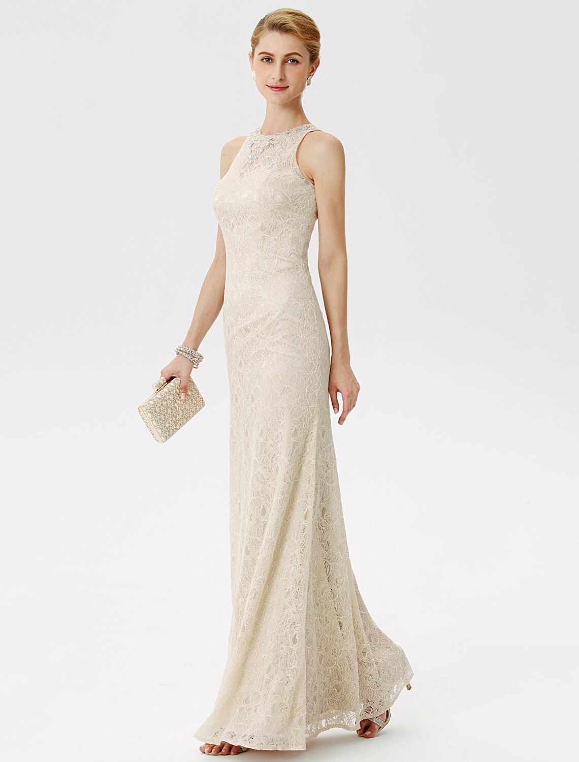 Sheath / Column Mother of the Bride Dress Elegant See Through Illusion Neck Floor Length Lace Sleeveless with Crystals