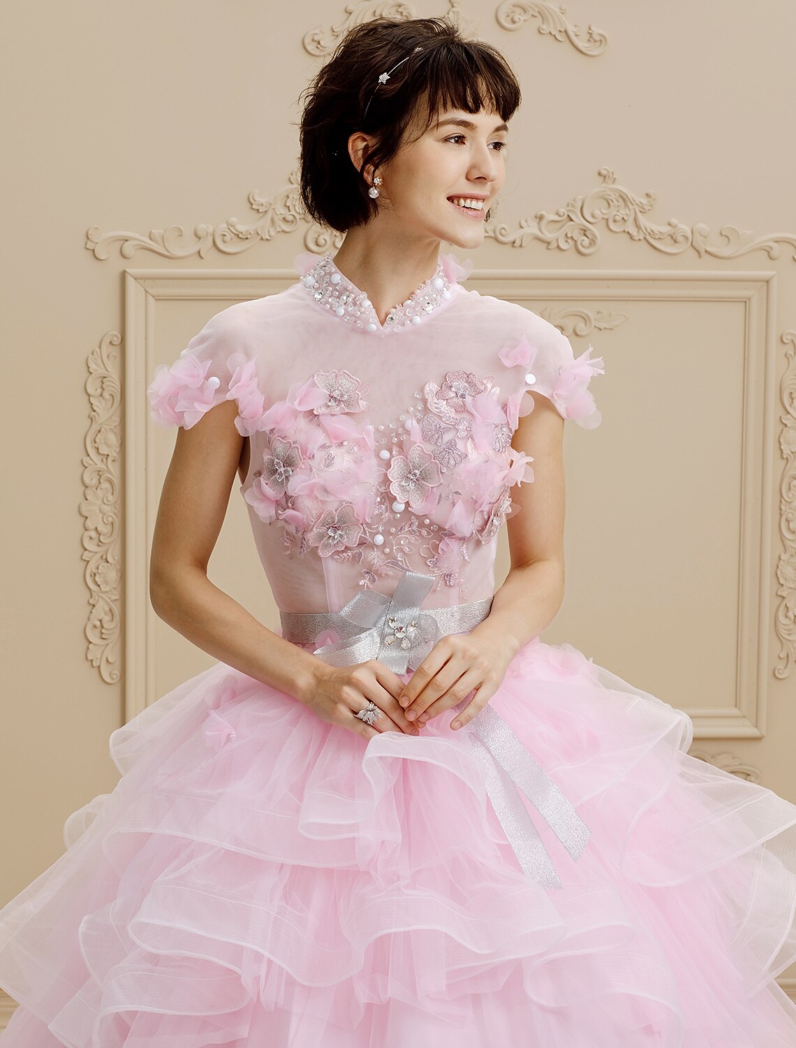 Ball Gown High Neck Floor Length Organza Tulle Wedding Dress with Crystal Beading Bow