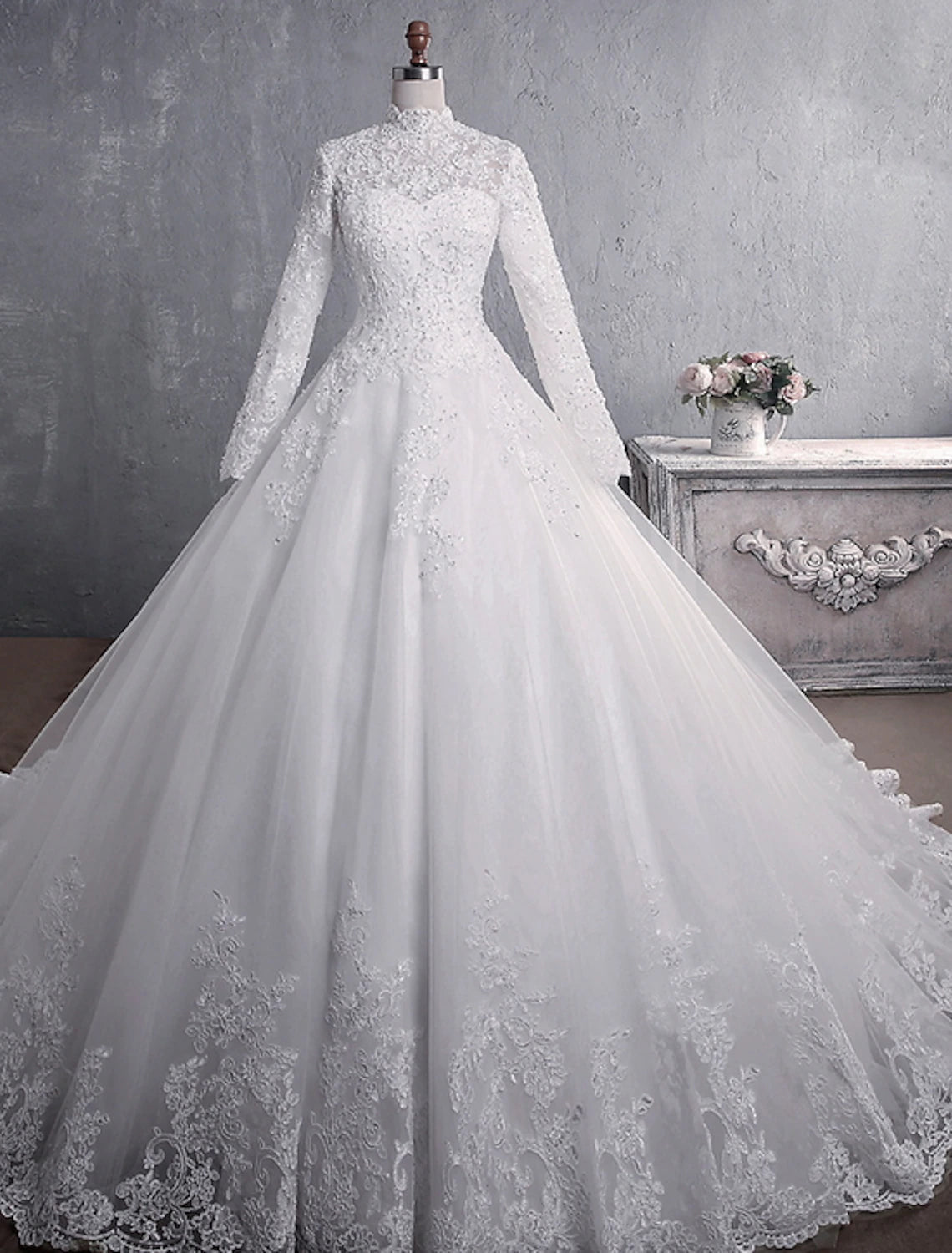 Engagement Formal Wedding Dresses Ball Gown High Neck Long Sleeve Court Train Lace Bridal Gowns