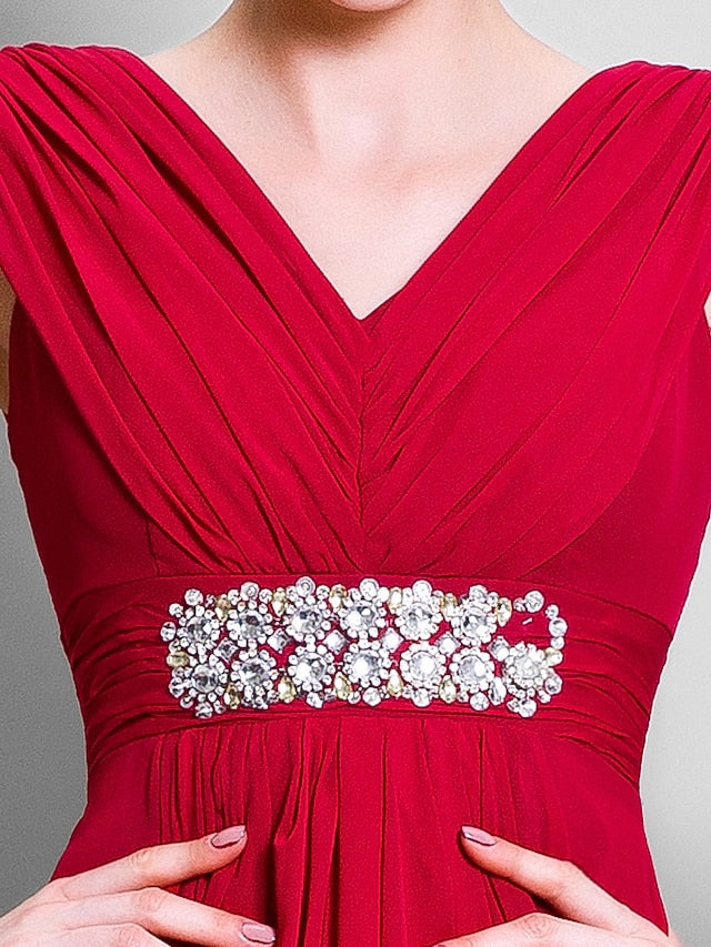 A-Line Mother of the Bride Dress Open Back V Neck Floor Length Chiffon Sleeveless with Beading Side