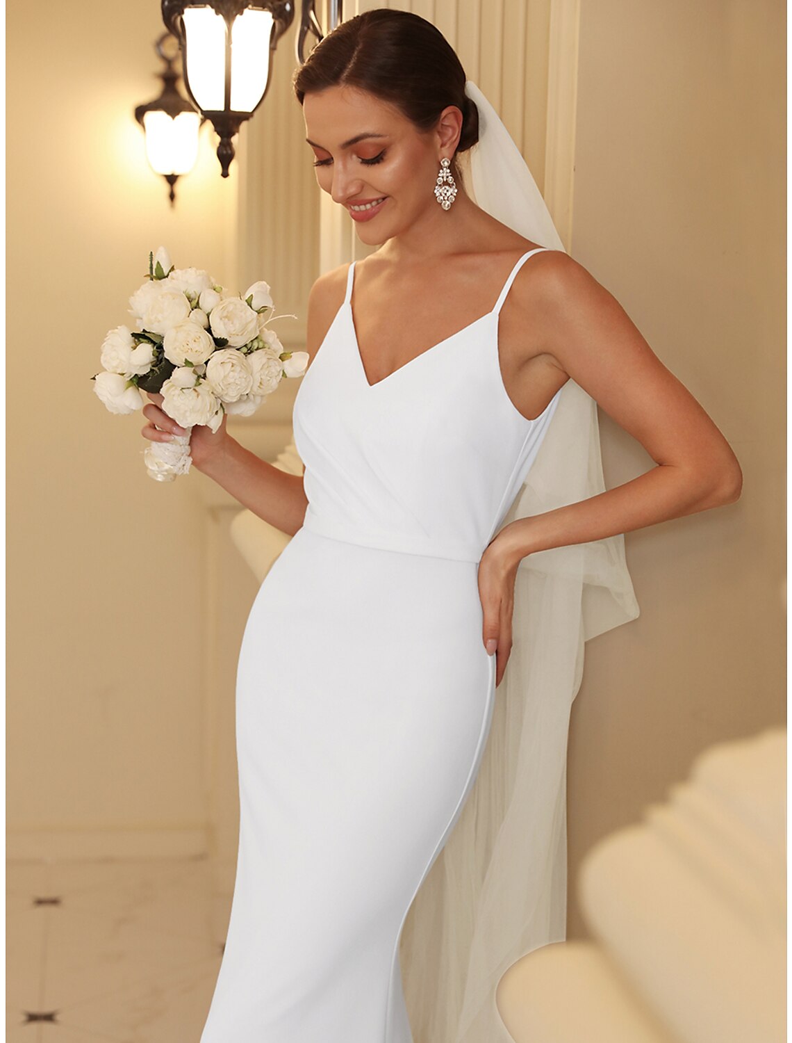 Reception Casual Wedding Dresses Mermaid / Trumpet Camisole V Neck Spaghetti Strap Sweep / Brush Train Stretch Fabric Bridal Gowns With Ruched