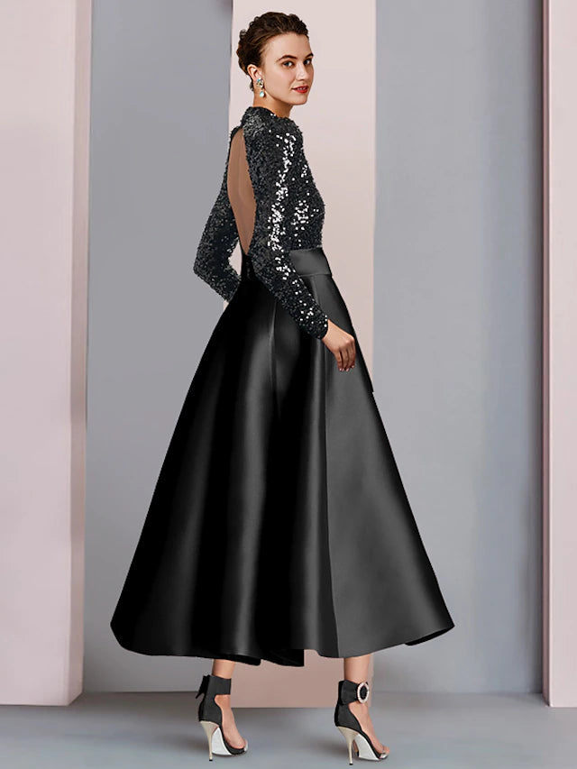 A-Line Mother of the Bride Dress Wedding Guest Elegant Sparkle & Shine High Neck Tea Length Satin Sequined Long Sleeve with Bow(s)
