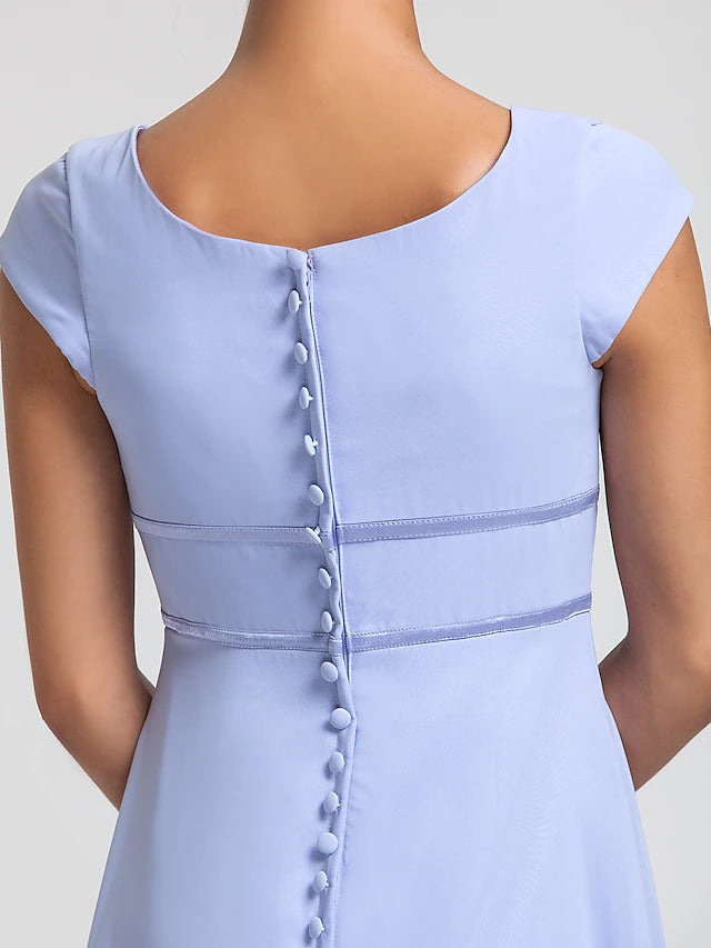 Sheath / Column Bridesmaid Dress Square Neck Short Sleeve Elegant Floor Length Chiffon with Sash / Ribbon