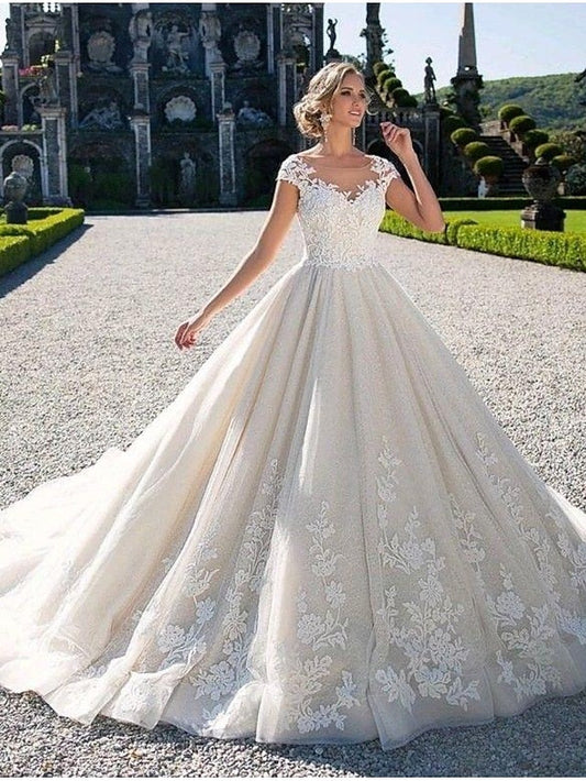 Engagement Open Back Sexy Formal Wedding Dresses Chapel Train Ball Gown Cap Sleeve Illusion Neck Lace