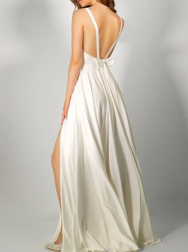 A-line/Princess V-neck bow with slit and ground length wedding dress Pure Color