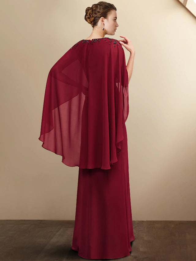 A-Line Mother of the Bride Dress Plus Size Elegant V Neck Floor Length Chiffon Half Sleeve with Pleats Beading