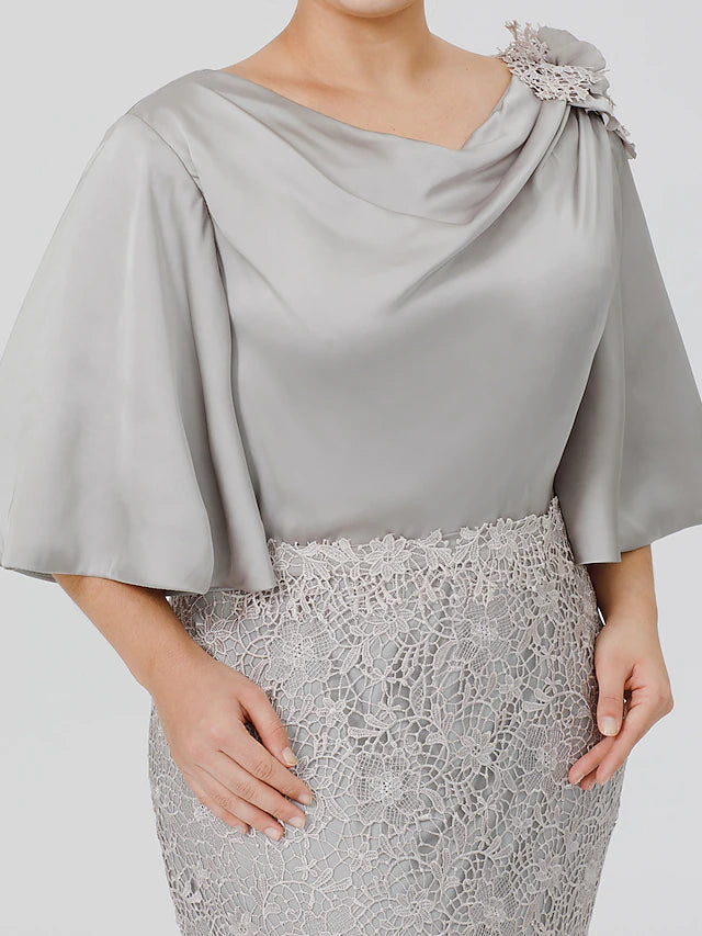 Mermaid / Trumpet Mother of the Bride Dress Plus Size Sexy Cowl Neck Sweep / Brush Train Satin Chiffon Lace Over Satin Half Sleeve