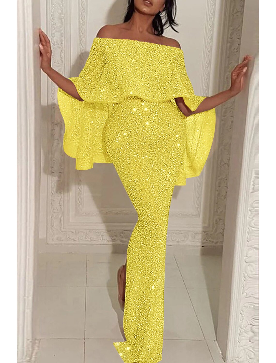 Mermaid / Trumpet Evening Gown Sparkle & Shine Dress Formal Wedding Guest Sweep / Brush Train Sleeveless Off Shoulder Capes Sequined