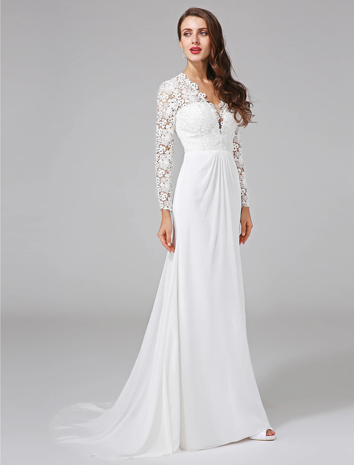 Beach Royal Style Boho Wedding Dresses Sweep / Brush Train Sheath / Column Long Sleeve Illusion Neck Chiffon