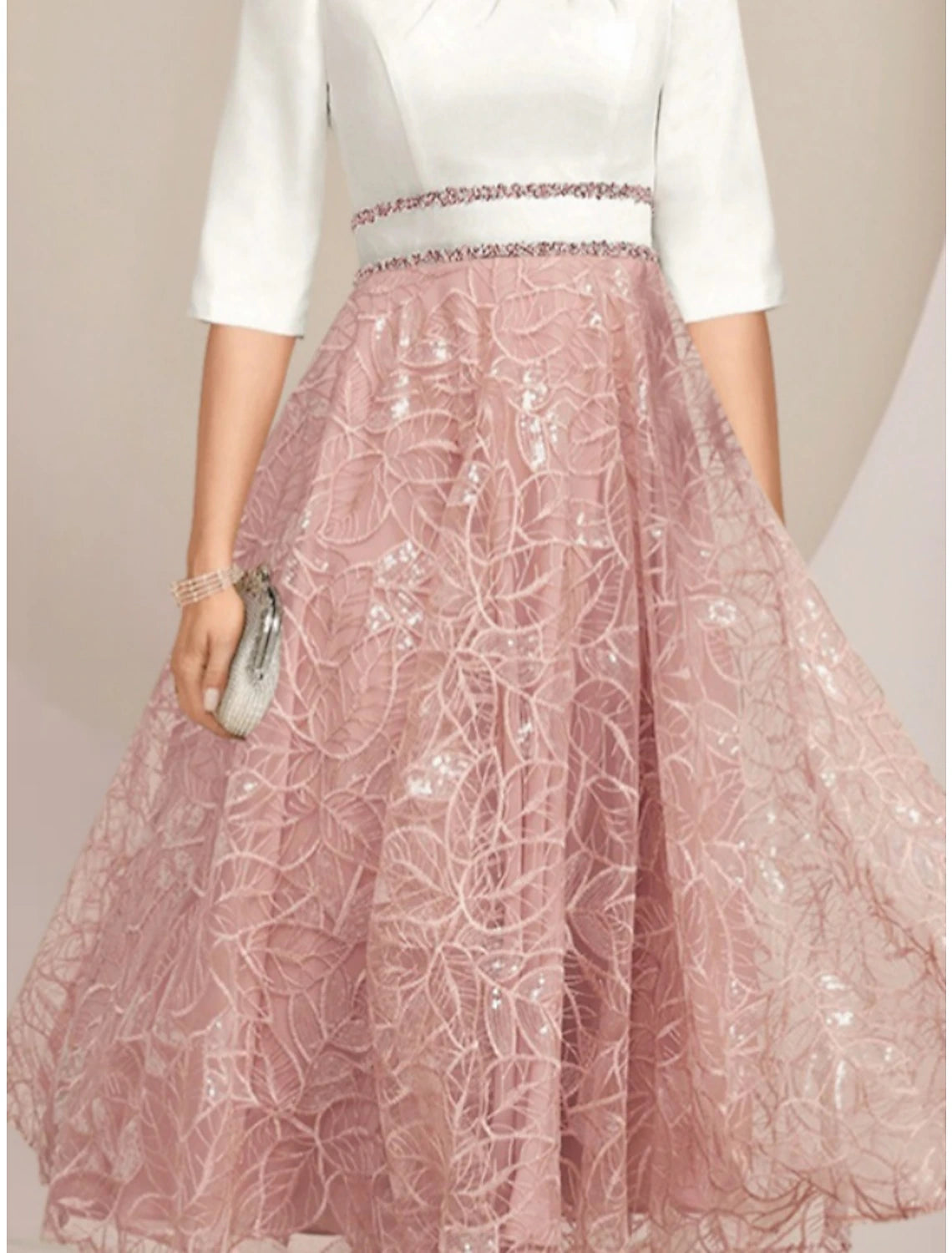 A-Line Mother of the Bride Dress Wedding Guest Elegant Petite Scoop Neck Tea Length Chiffon Lace Half Sleeve with Sequin