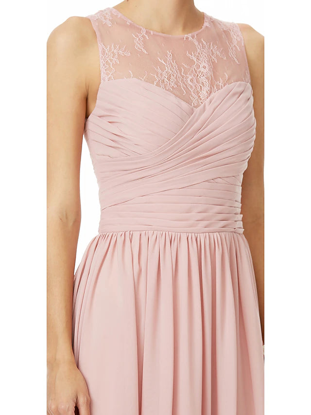 A-Line Bridesmaid Dress Jewel Neck Sleeveless See Through Floor Length Chiffon / Lace with Lace / Criss Cross