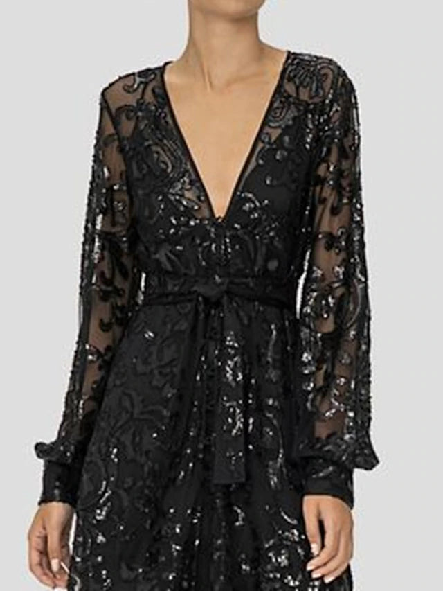 A-Line Mother of the Bride Dress Wedding Guest Elegant Sparkle & Shine V Neck Floor Length Lace Sequined Sleeve with Sequin Appliques Split Front