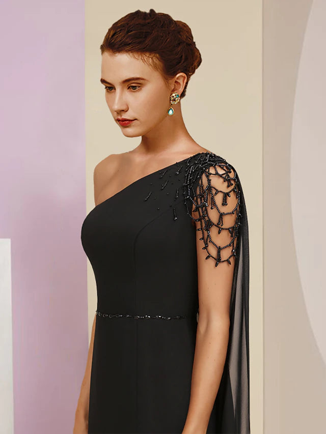 A-Line Mother of the Bride Dress Wedding Guest Vintage Elegant One Shoulder Floor Length Tea Length Chiffon Sleeveless with Sash / Ribbon