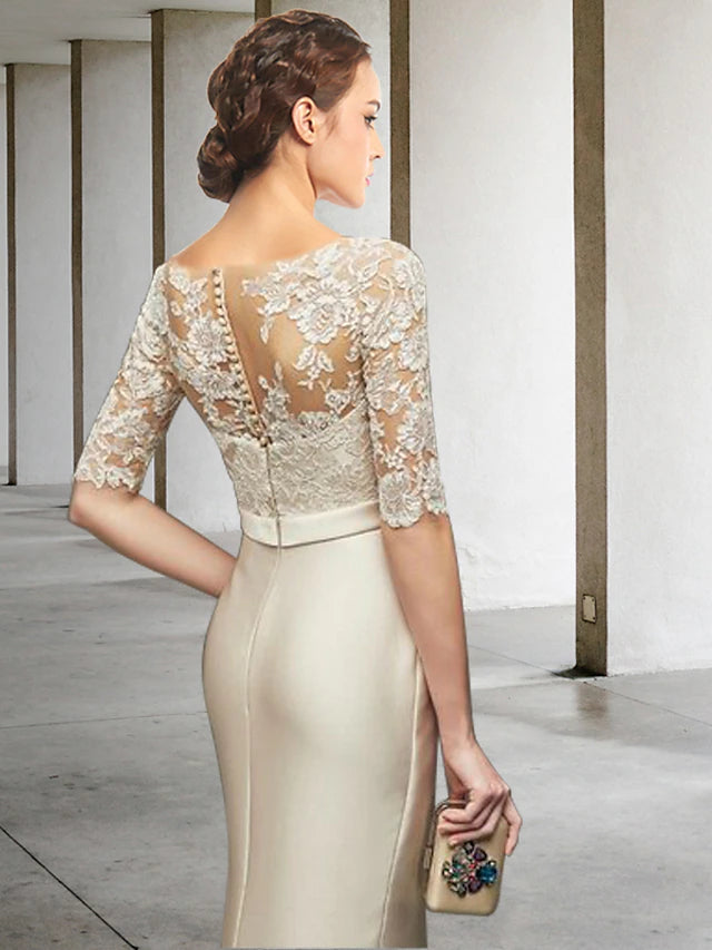 Mermaid / Trumpet Mother of the Bride Dress Elegant Jewel Neck Knee Length Satin Lace Half Sleeve with Bow(s)