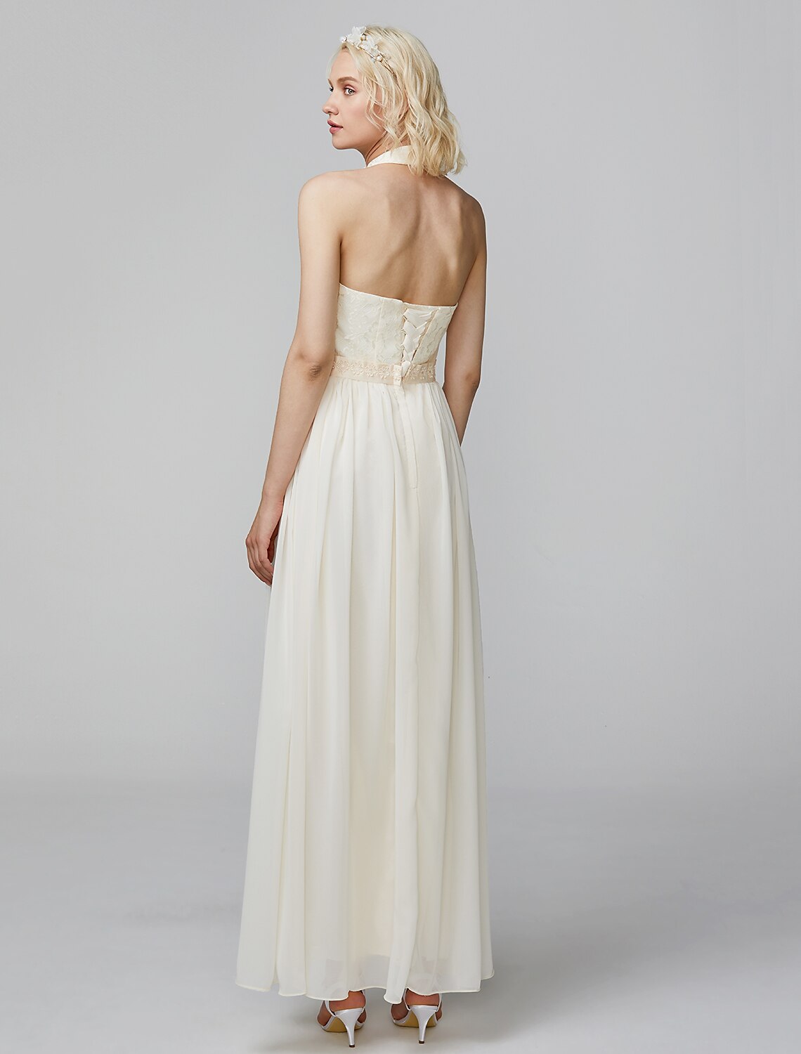 Sheath / Column High Neck Floor Length Chiffon / Lace Bodice Bridesmaid Dress with Sash / Ribbon