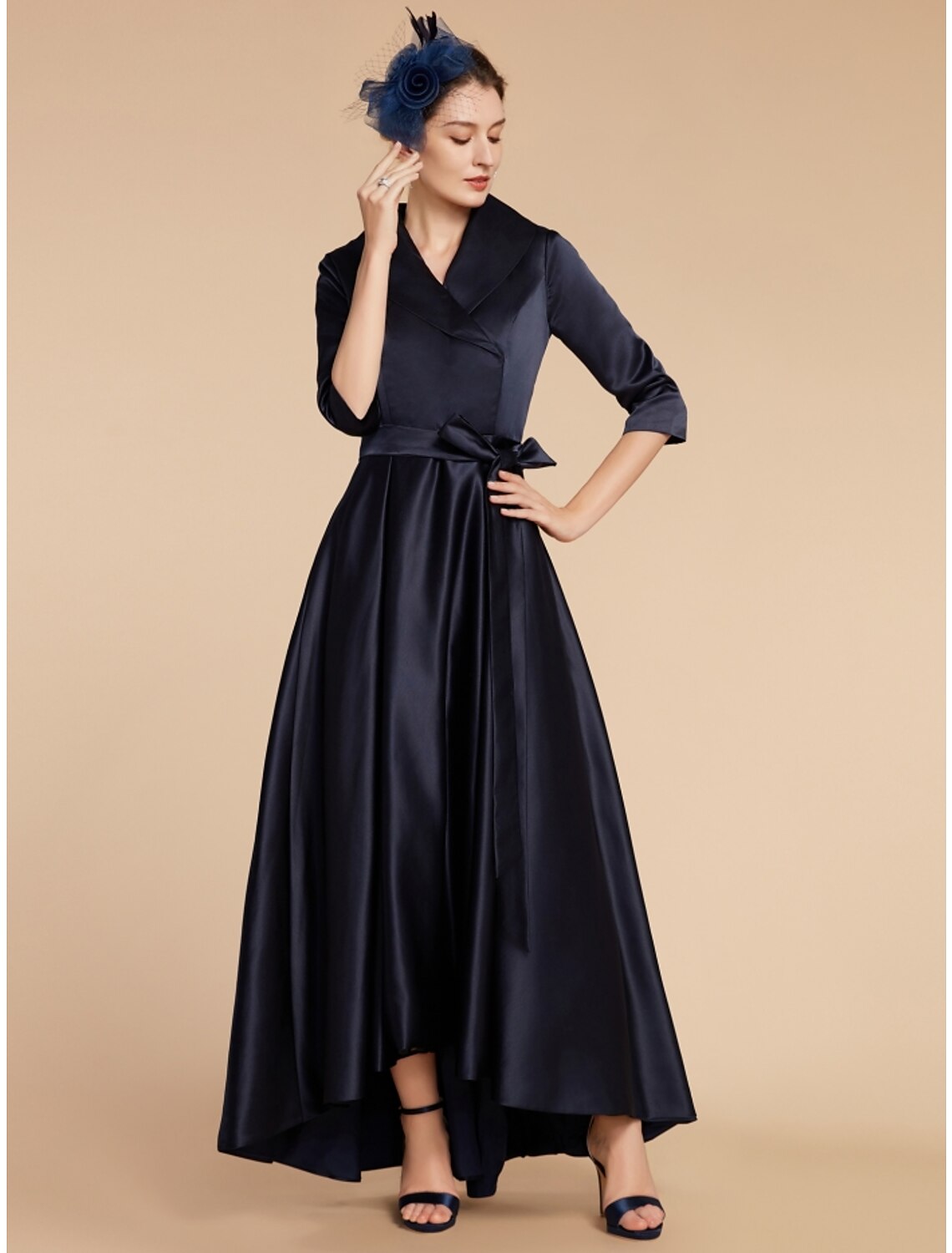 A-Line Mother of the Bride Dress Wedding Guest Elegant V Neck Ankle Length Satin Half Sleeve with Sash / Ribbon Ruching