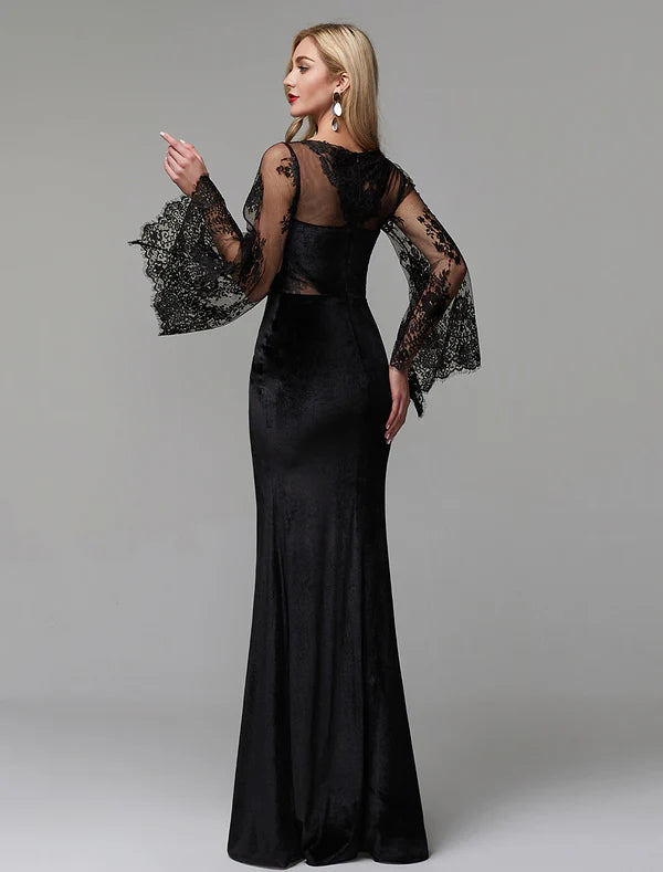 Sheath / Column Elegant Dress Wedding Guest Engagement Floor Length Long Sleeve Illusion Neck Lace with Lace