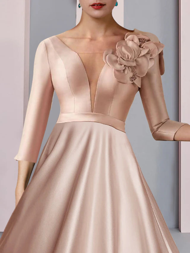 A-Line Mother of the Bride Dress Formal Wedding Guest Party Elegant V Neck Tea Length Satin Lace Half Sleeve with Flower Beautiful