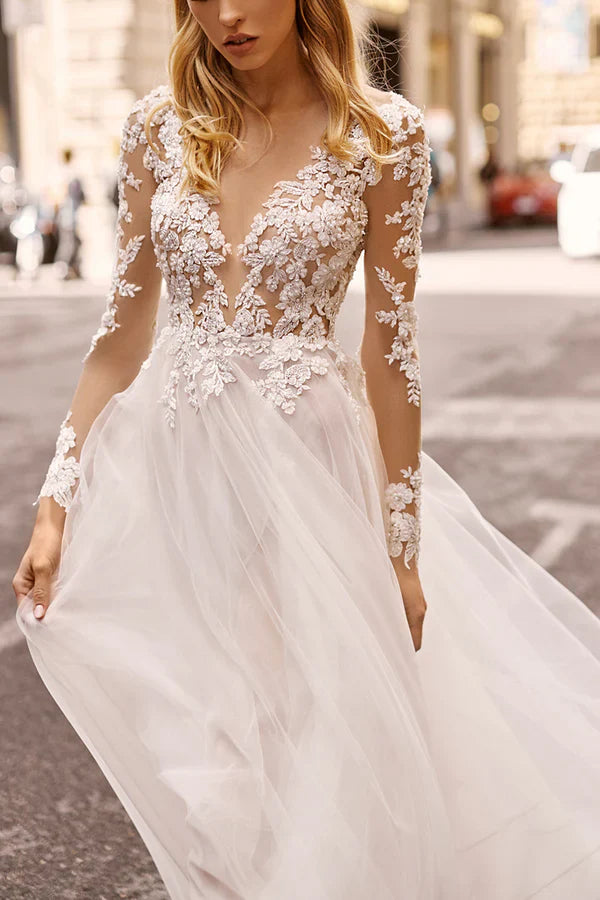 A-line illusion V-neck lace long sleeved Bohemian style slit wedding dress Beautiful