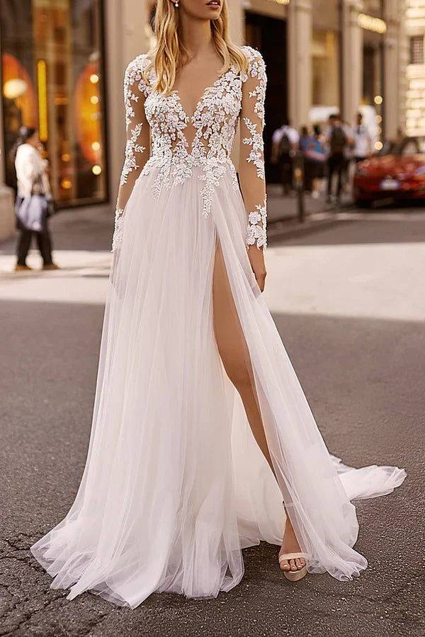 A-line illusion V-neck lace long sleeved Bohemian style slit wedding dress Beautiful