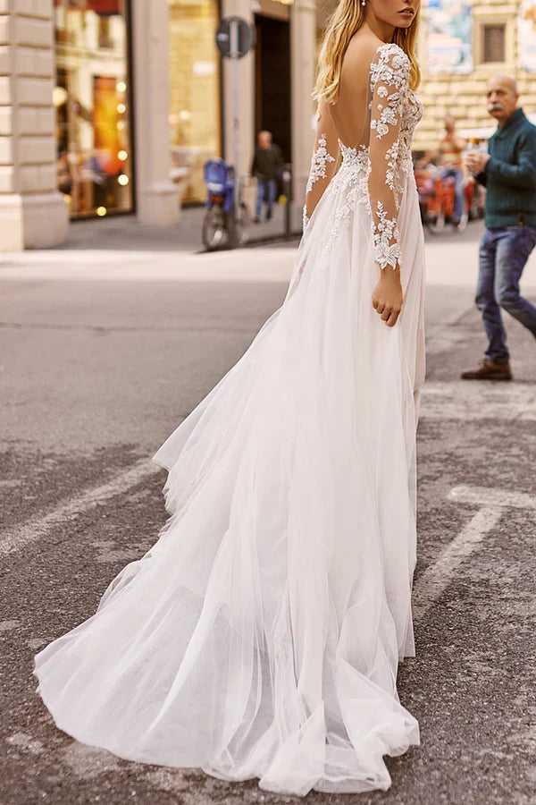A-line illusion V-neck lace long sleeved Bohemian style slit wedding dress Beautiful