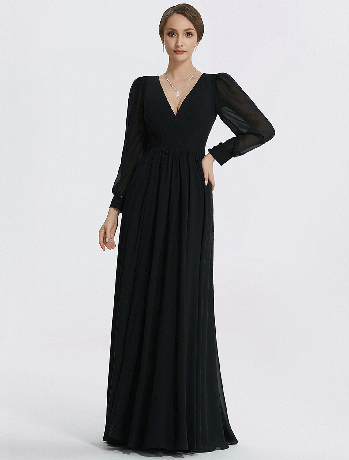 A-Line Evening Gown Elegant Dress Formal Floor Length Long Sleeve V Neck Chiffon