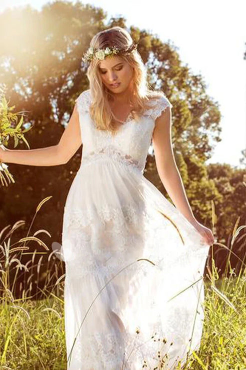 V-Neck Long Cap-Sleeve Appliqued Lace Tulle Wedding Dress Elegant Beautiful