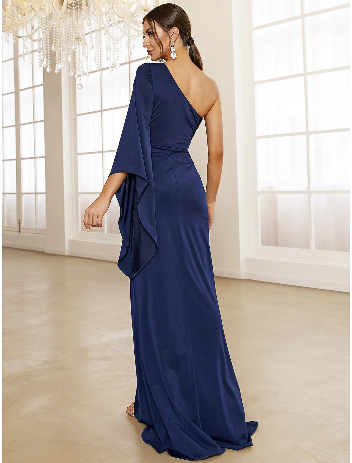 A-Line Evening Gown Elegant Dress Formal Fall Sweep / Brush Train Long Sleeve One Shoulder Stretch Fabric with Pleats