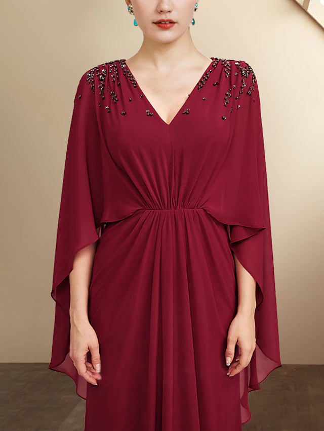 A-Line Mother of the Bride Dress Plus Size Elegant V Neck Floor Length Chiffon Half Sleeve with Pleats Beading