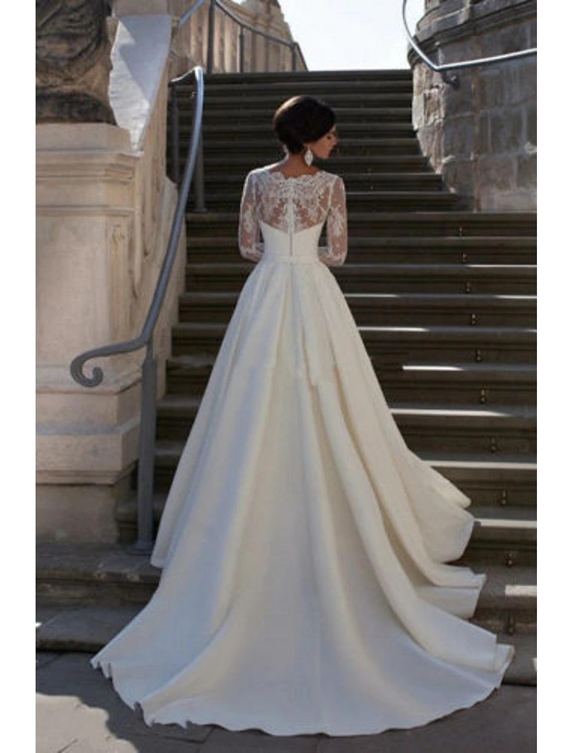 Engagement Formal Fall Wedding Dresses A-Line V Neck Long Sleeve Court Train Satin Bridal Gowns