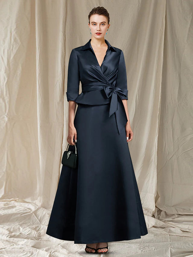 A-Line Mother of the Bride Dress Elegant Shirt Collar V Neck Ankle Length Satin Half Sleeve