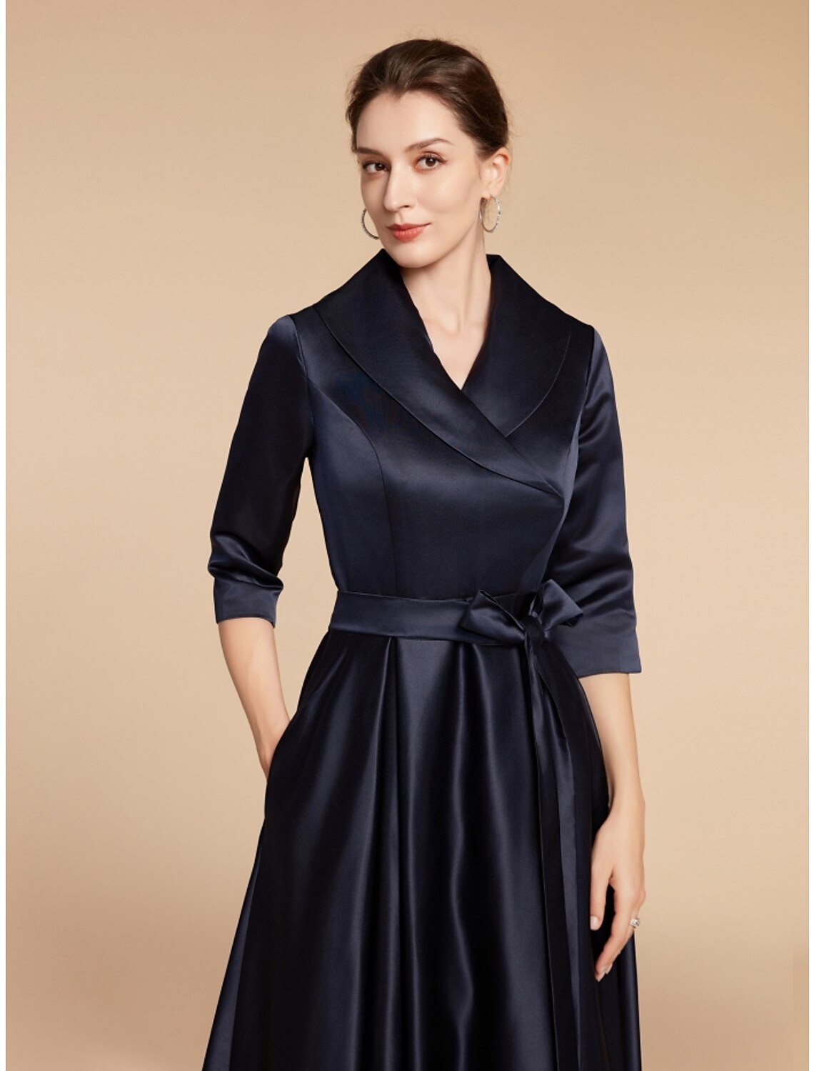 A-Line Mother of the Bride Dress Wedding Guest Elegant V Neck Ankle Length Satin Half Sleeve with Sash / Ribbon Ruching