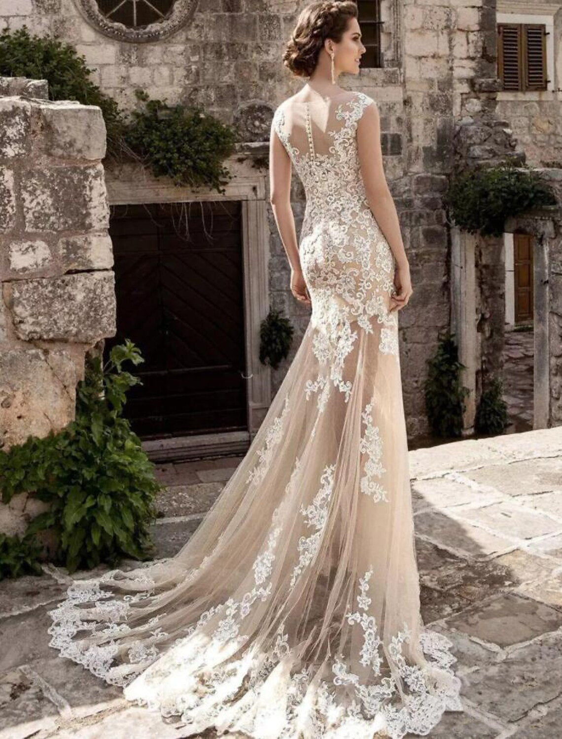 Engagement Formal Wedding Dresses Mermaid / Trumpet Illusion Neck Cap Sleeve Court Train Lace Bridal Gowns