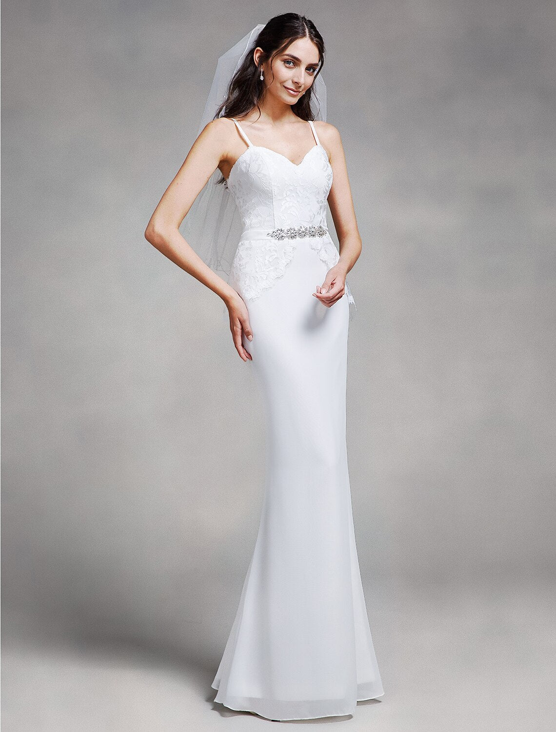 Mermaid / Trumpet Bridesmaid Dress Spaghetti Strap Sleeveless Elegant Floor Length Chiffon / Lace with Lace