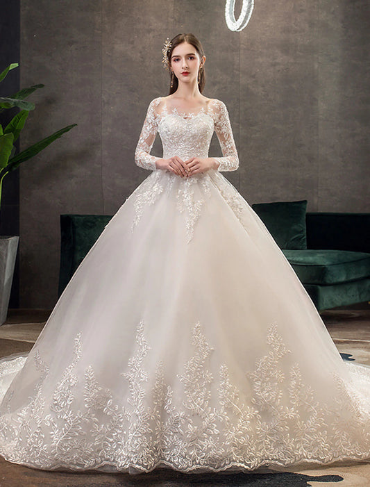 Engagement Formal Fall Wedding Dresses Ball Gown Illusion Neck Long Sleeve Cathedral Train Lace Bridal Gowns