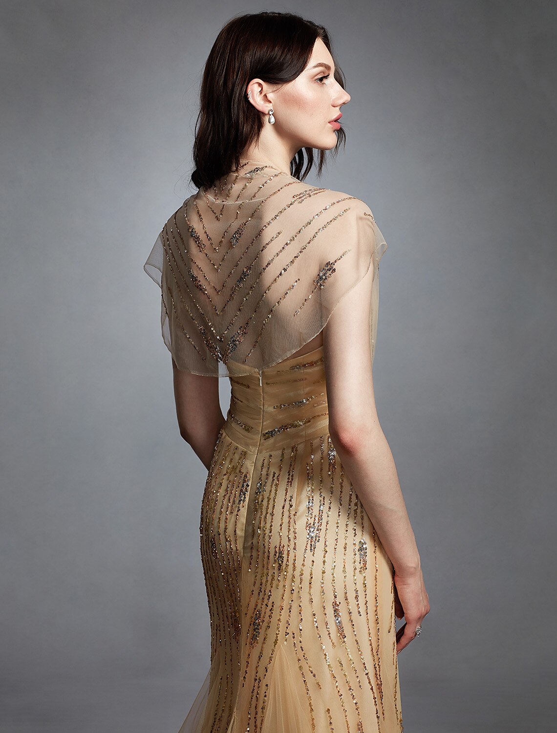 Sheath / Column V Neck Sweep Train Tulle Made-To-Measure Wedding Dresses with Sequin