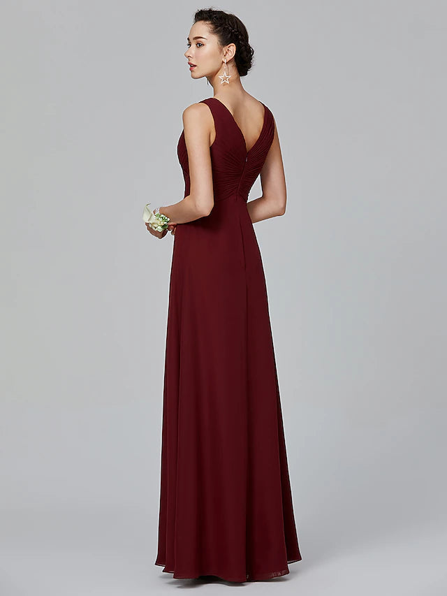 A-Line Bridesmaid Dress V Neck Sleeveless Floor Length Chiffon with Criss Cross / Side