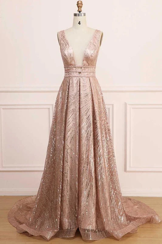 A Line Deep V Neck Sequins Glitter Sleeveless Prom Dress Sparkly Evening Dress Sexy
