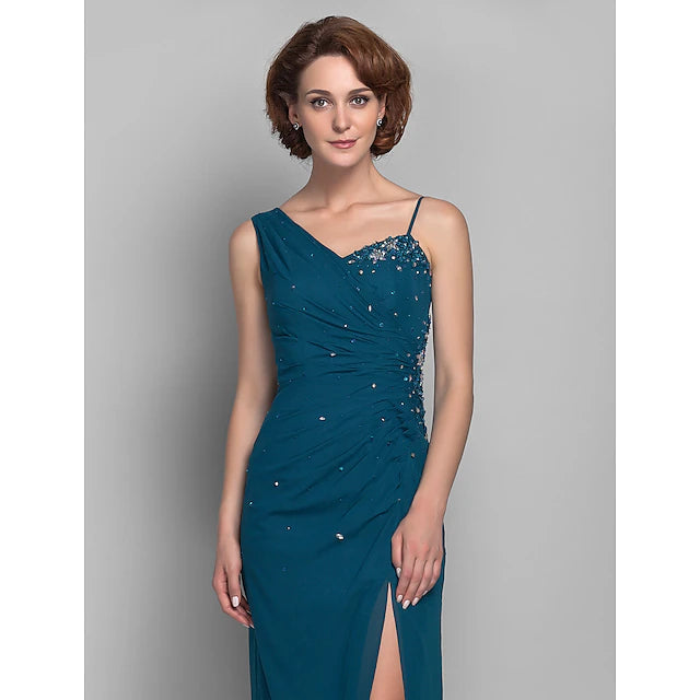 Sheath / Column Mother of the Bride Dress Furcal One Shoulder Floor Length Chiffon Sleeveless