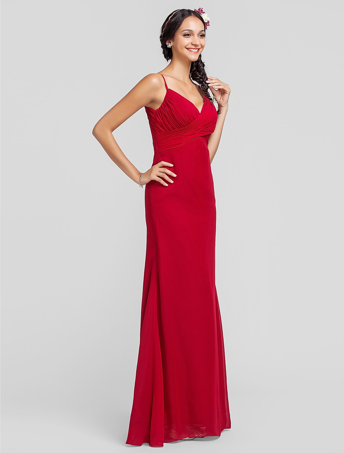 Sheath Spaghetti Strap Floor Length Chiffon Bridesmaid Dress with Criss Cross