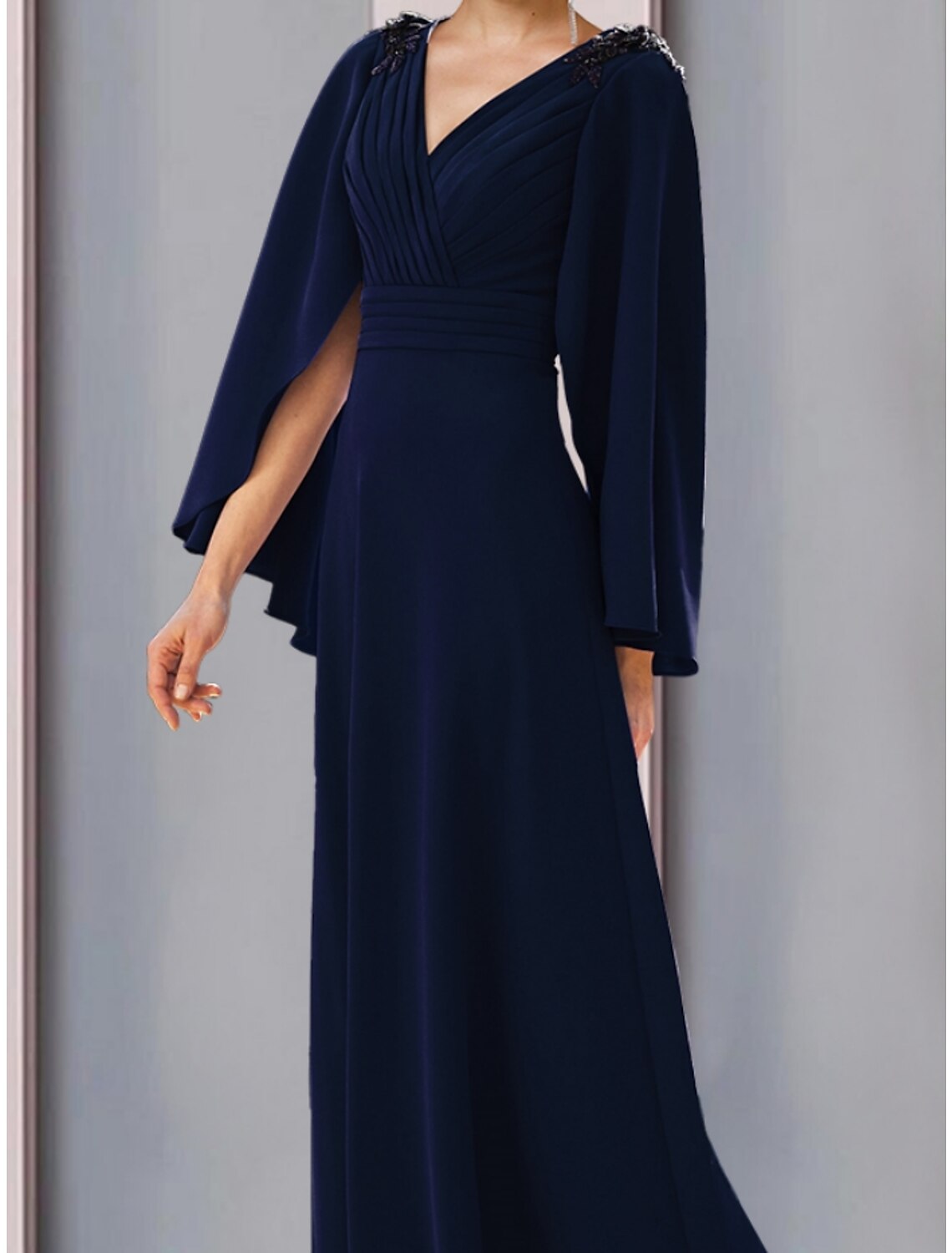 A-Line Mother of the Bride Dress Wedding Guest Elegant V Neck Sweep / Brush Train Stretch Chiffon Long Sleeve with Sequin Ruching