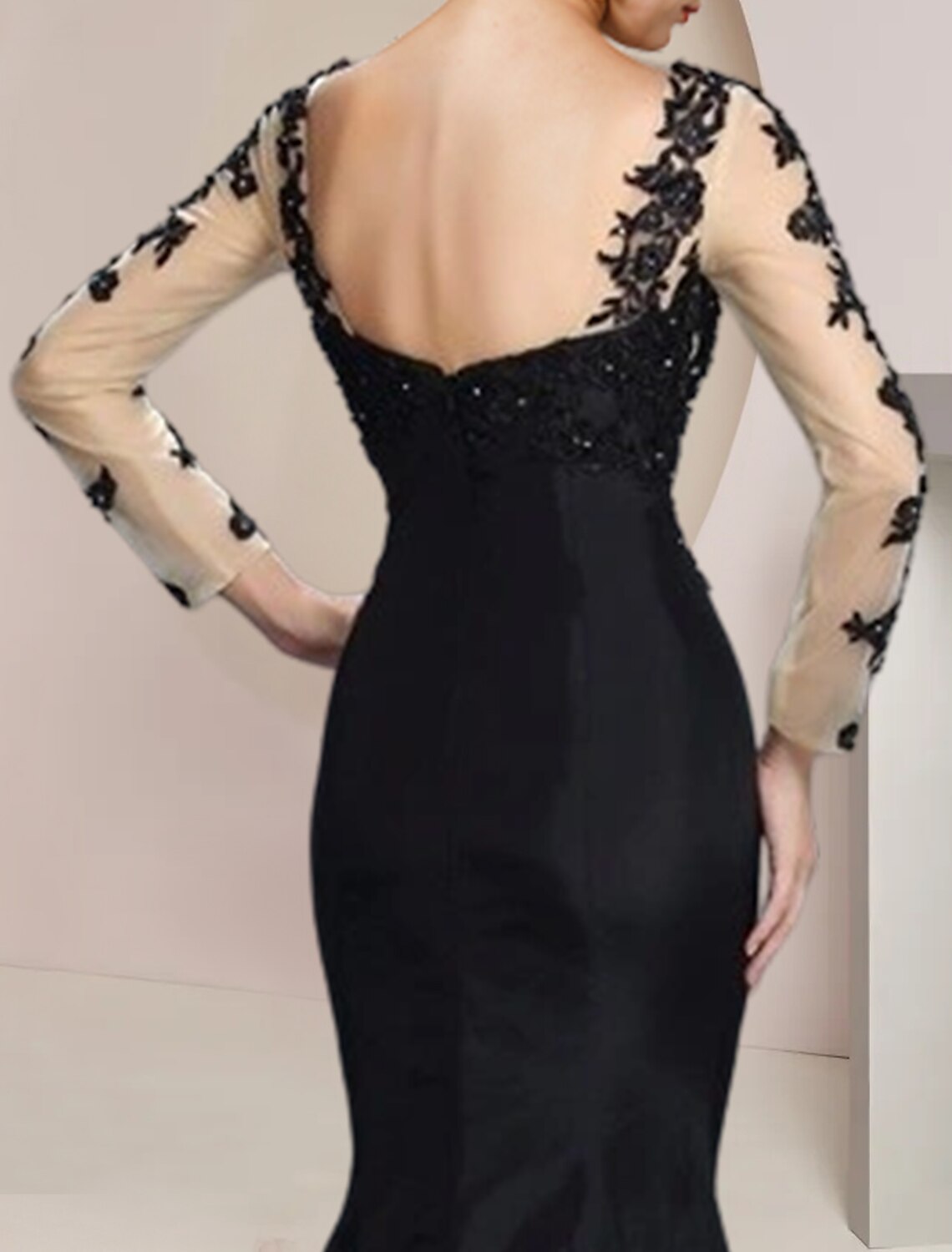 Mermaid / Trumpet Mother of the Bride Dress Formal Wedding Guest Party Elegant Jewel Neck Floor Length Satin Lace Long Sleeve