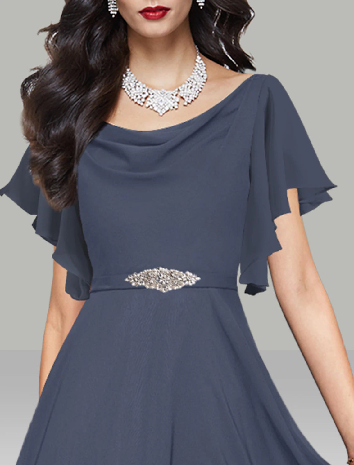 A-Line Wedding Guest Dresses Elegant Dress Cocktail Party Kentucky Derby Tea Length Short Sleeve Cowl Neck Belt / Sash Chiffon