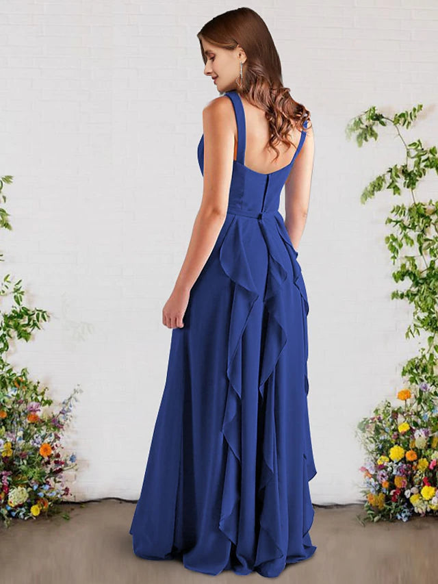A-Line Bridesmaid Dress V Neck Sleeveless Elegant Floor Length Chiffon with Ruffles Pure Color